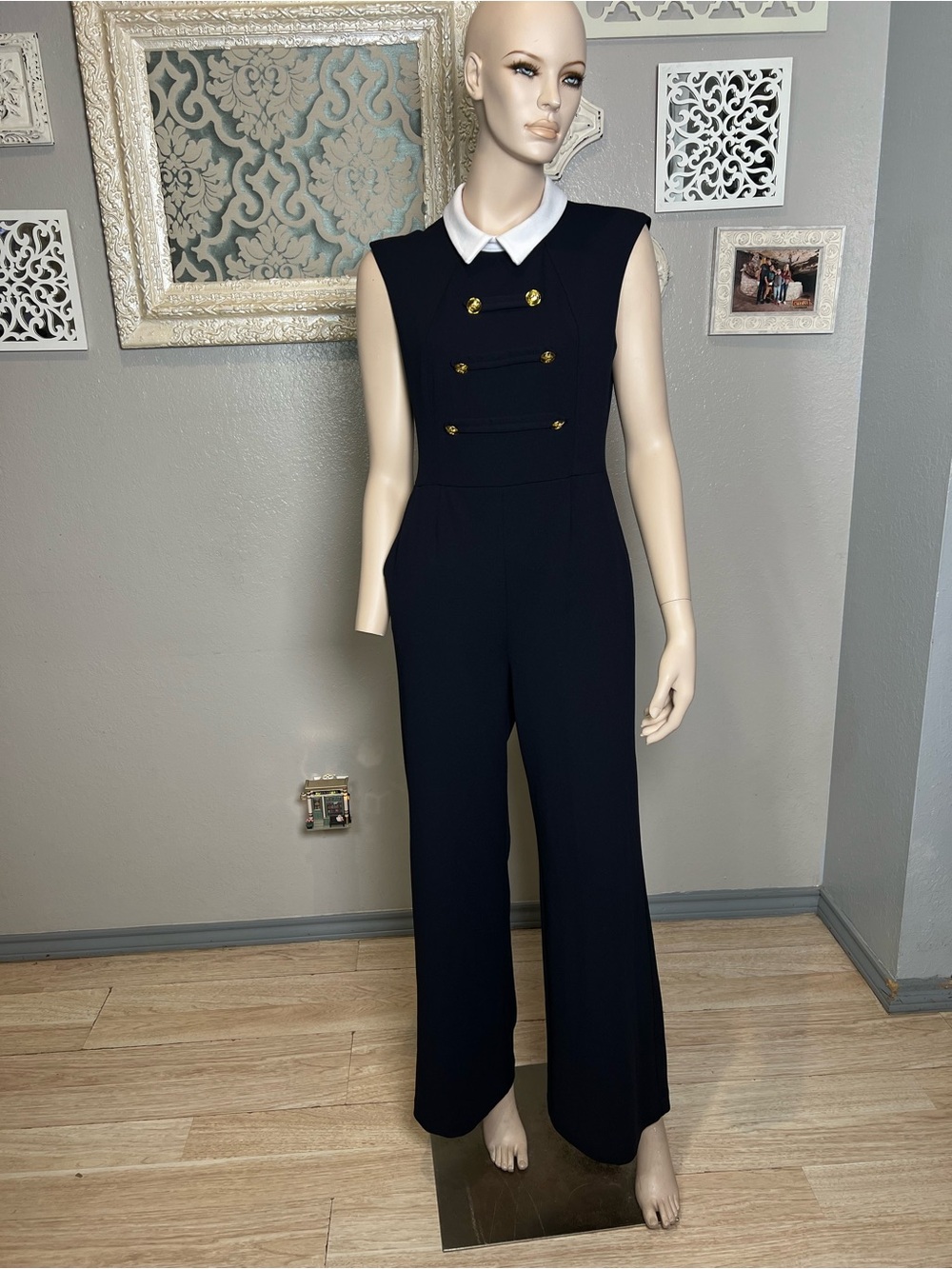 Shelby & Palmer Navy Blue Sleeveless Jumpsuit with White Collar and Gold Buttons - Picture 5 of 12
